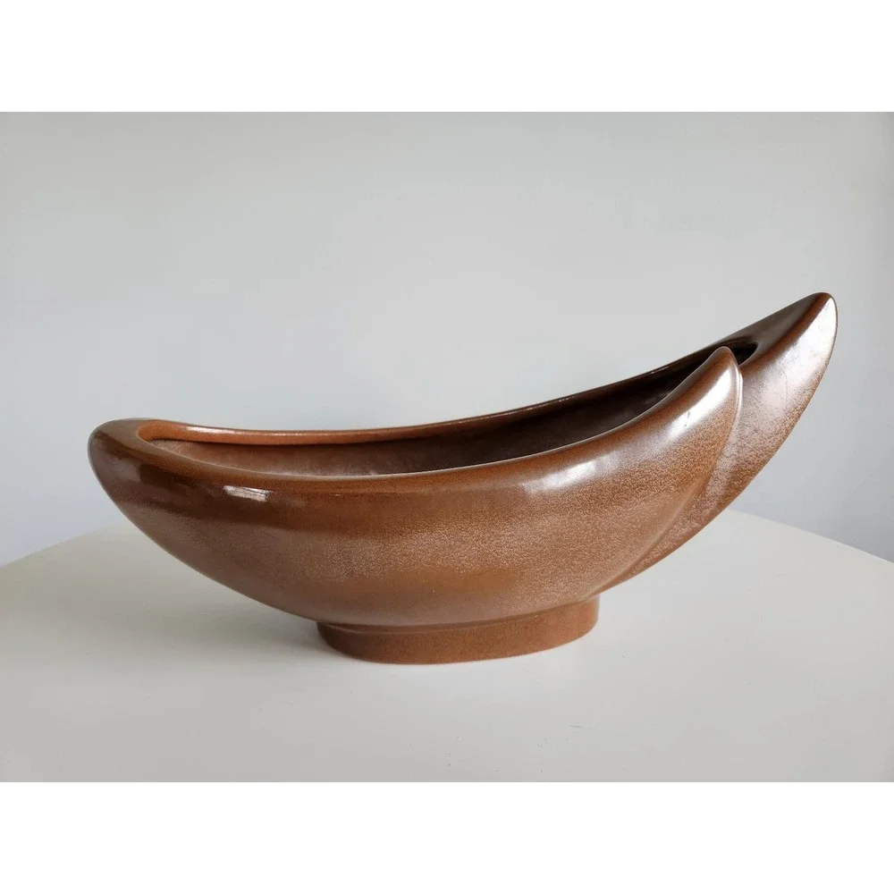 Vintage MCM Frankoma Pottery Brown Crescent shaped Planter Decorative Bowl #211